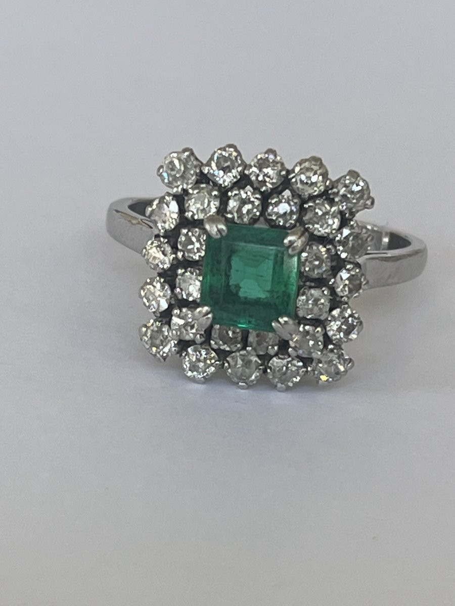 7127- Bague Vintage Or Gris Platine Emeraude Diamants-photo-2