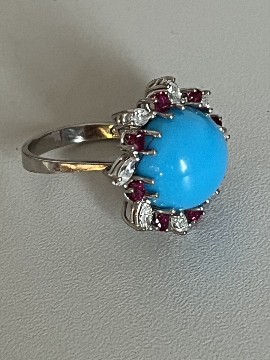 7286 - Vintage Platinum, Turquoise, Ruby, And Diamond Ring-photo-4
