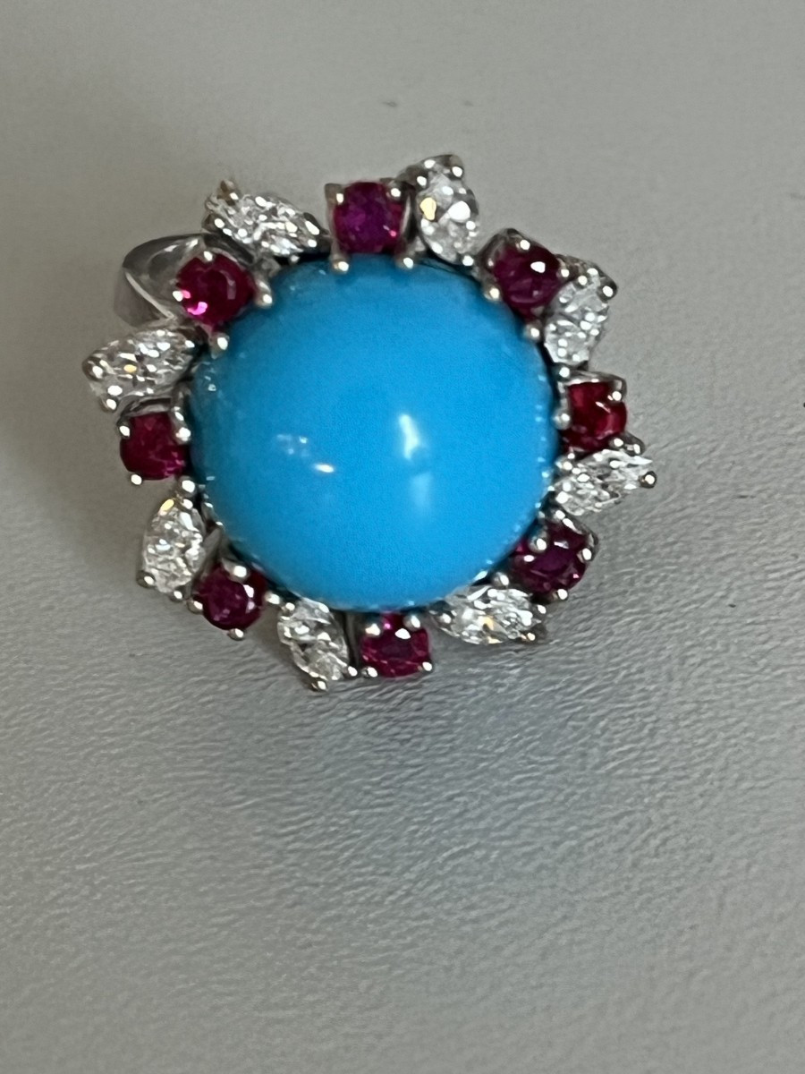 7286 - Vintage Platinum, Turquoise, Ruby, And Diamond Ring-photo-1