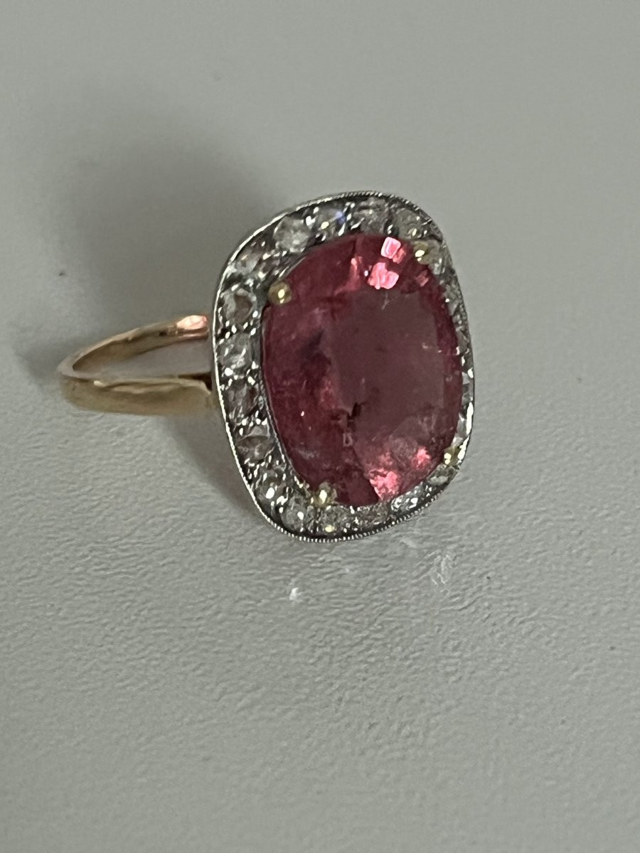 7220 - Antique Ring In Yellow And Grey Gold With A 5.60 Ct Tourmaline And Diamonds-photo-1