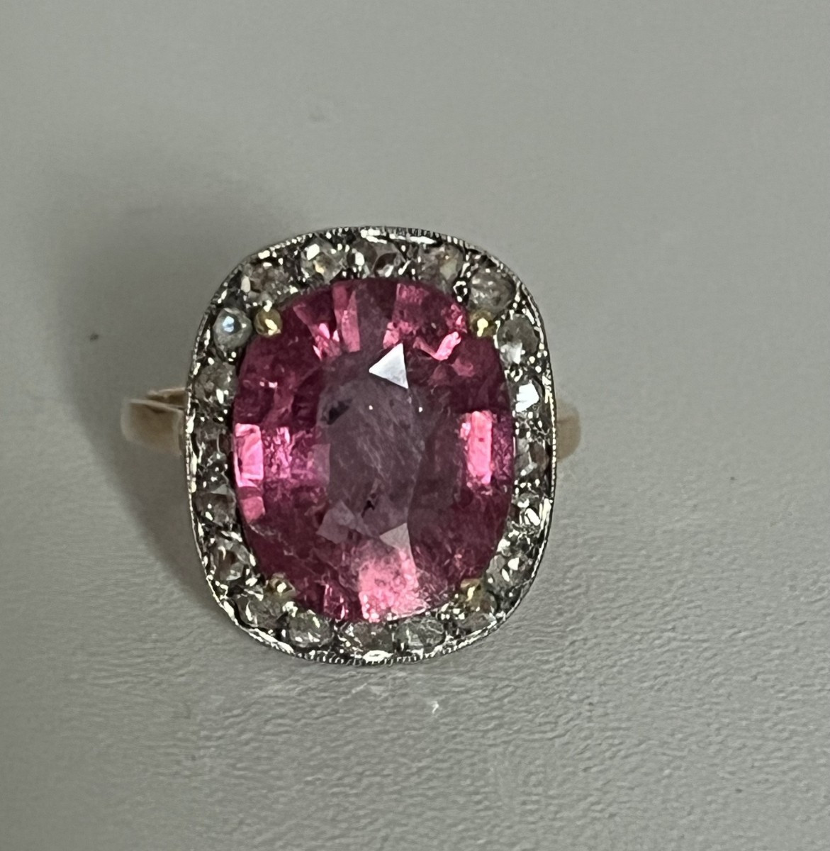 7220 - Antique Ring In Yellow And Grey Gold With A 5.60 Ct Tourmaline And Diamonds