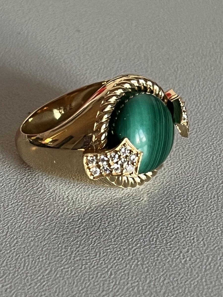 5090- Bague Vintage Or Jaune Malachite Diamants-photo-3