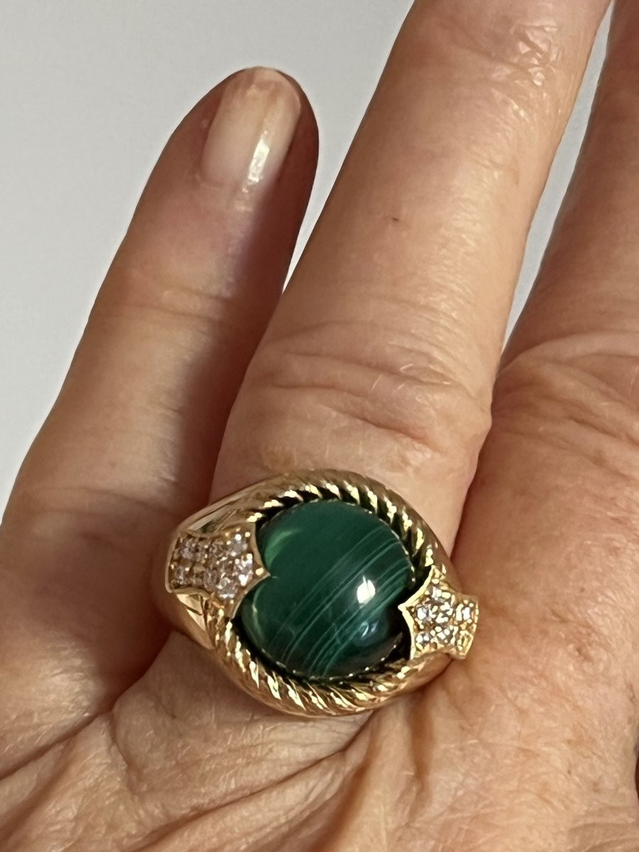 5090- Bague Vintage Or Jaune Malachite Diamants-photo-4