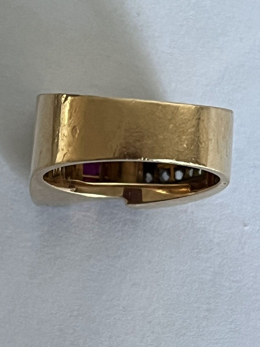 7278- Bague Tank Or Jaune Platine Diamants Pierres Rouges-photo-3