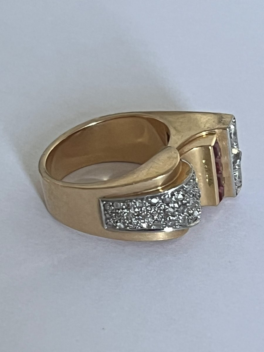 7278- Bague Tank Or Jaune Platine Diamants Pierres Rouges-photo-1