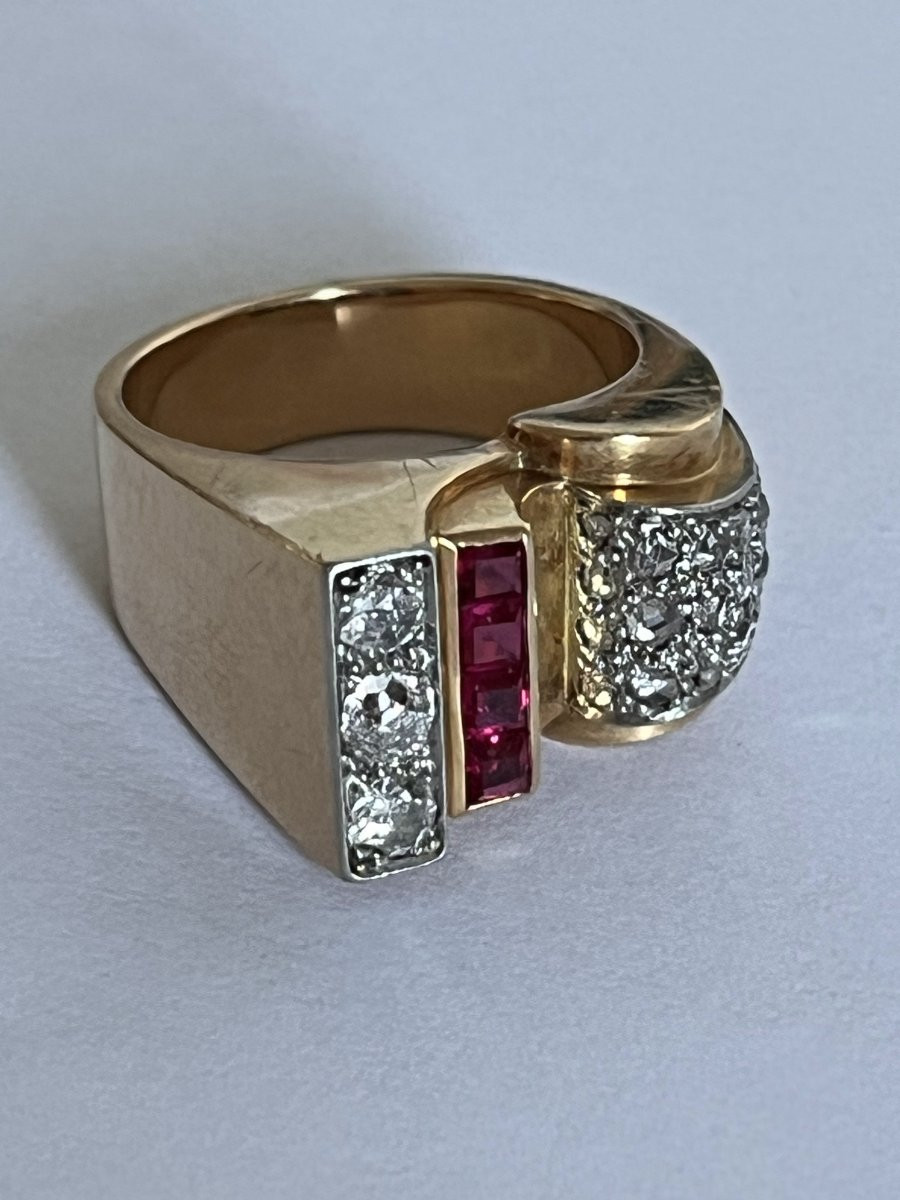 7278- Bague Tank Or Jaune Platine Diamants Pierres Rouges-photo-2