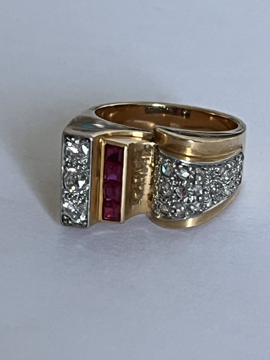 7278- Bague Tank Or Jaune Platine Diamants Pierres Rouges-photo-3
