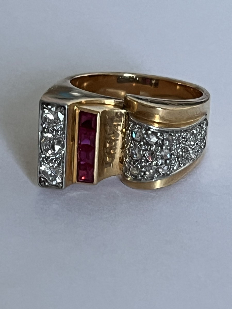 7278- Bague Tank Or Jaune Platine Diamants Pierres Rouges