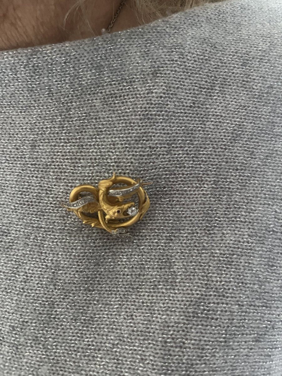 7298 - Antique Dragon Brooch/pendant In Yellow Gold With Diamonds-photo-2