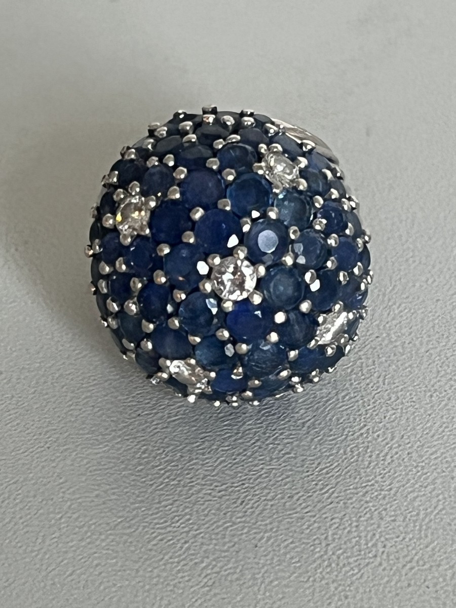 7303- Importante Bague Boule Platine Saphirs Diamants