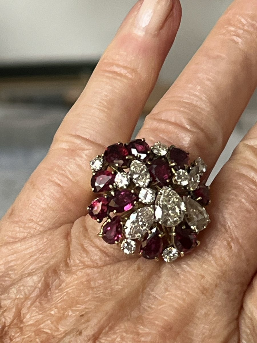 7070- Bague Cocktail Vintage Or Jaune et Gris Grenats Diamants-photo-2