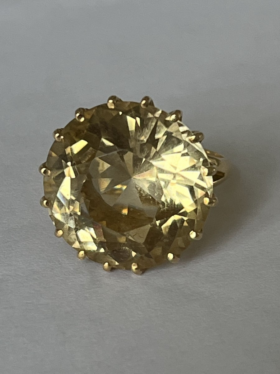 7082- Bague Cocktail Vintage Or Jaune Citrine