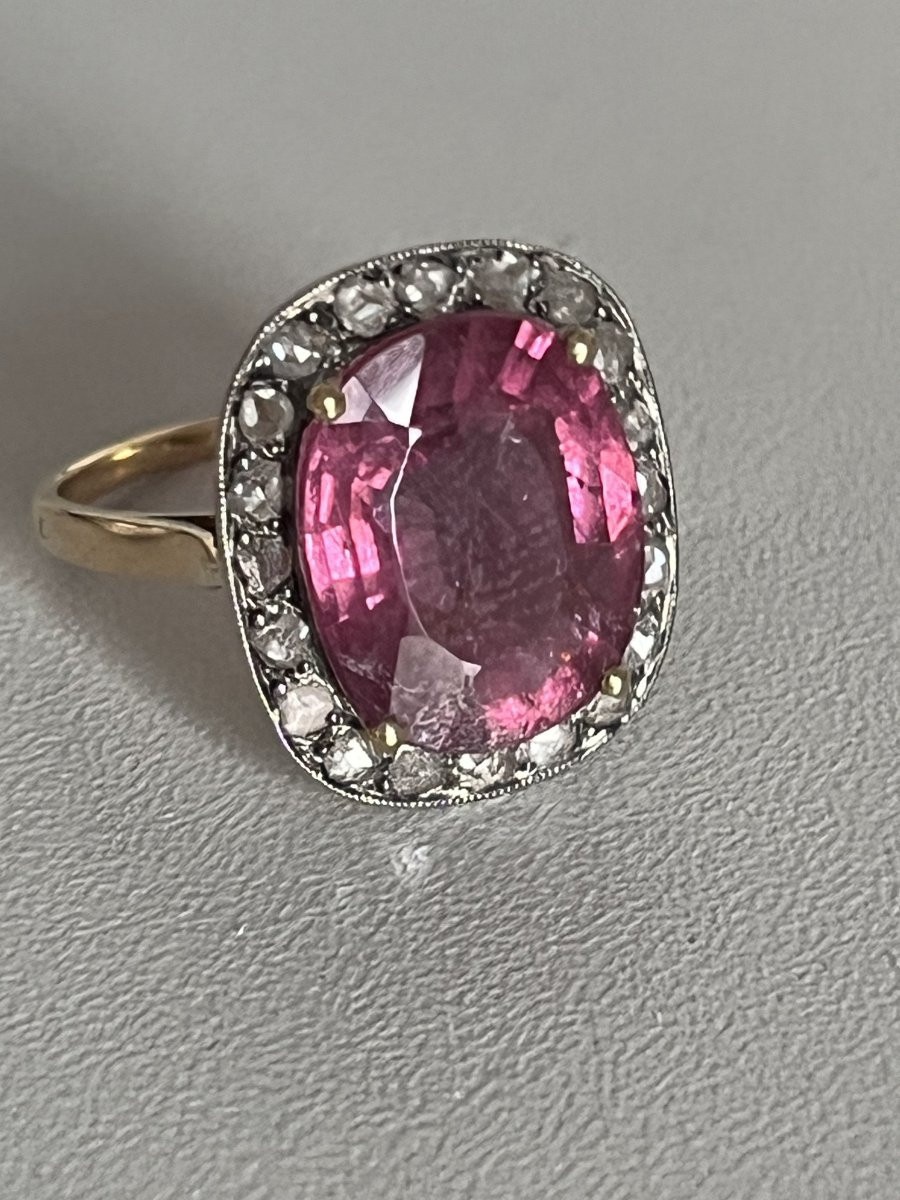 7220- Bague Ancienne Or Jaune et Gris Tourmaline 5,6 ct Diamants-photo-1