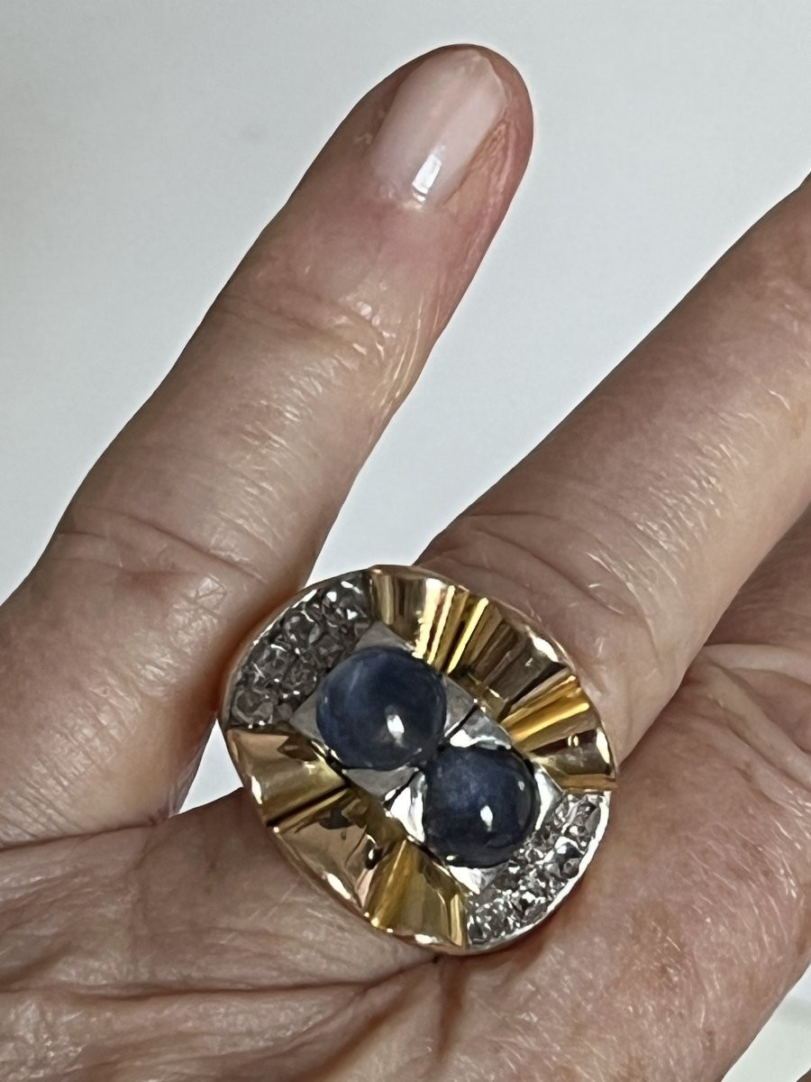 7269- Bague Tank Or Jaune Saphirs Etoilés Diamants-photo-2