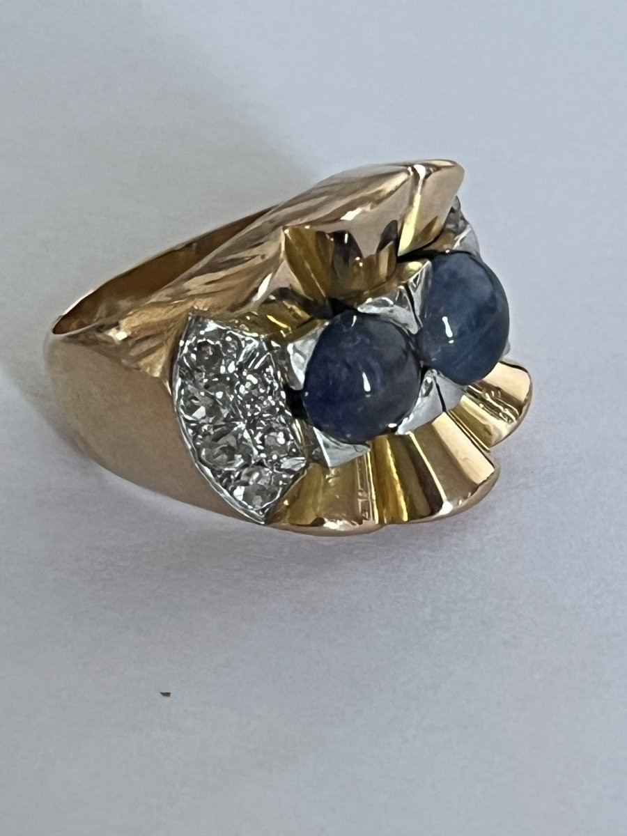 7269- Bague Tank Or Jaune Saphirs Etoilés Diamants-photo-4