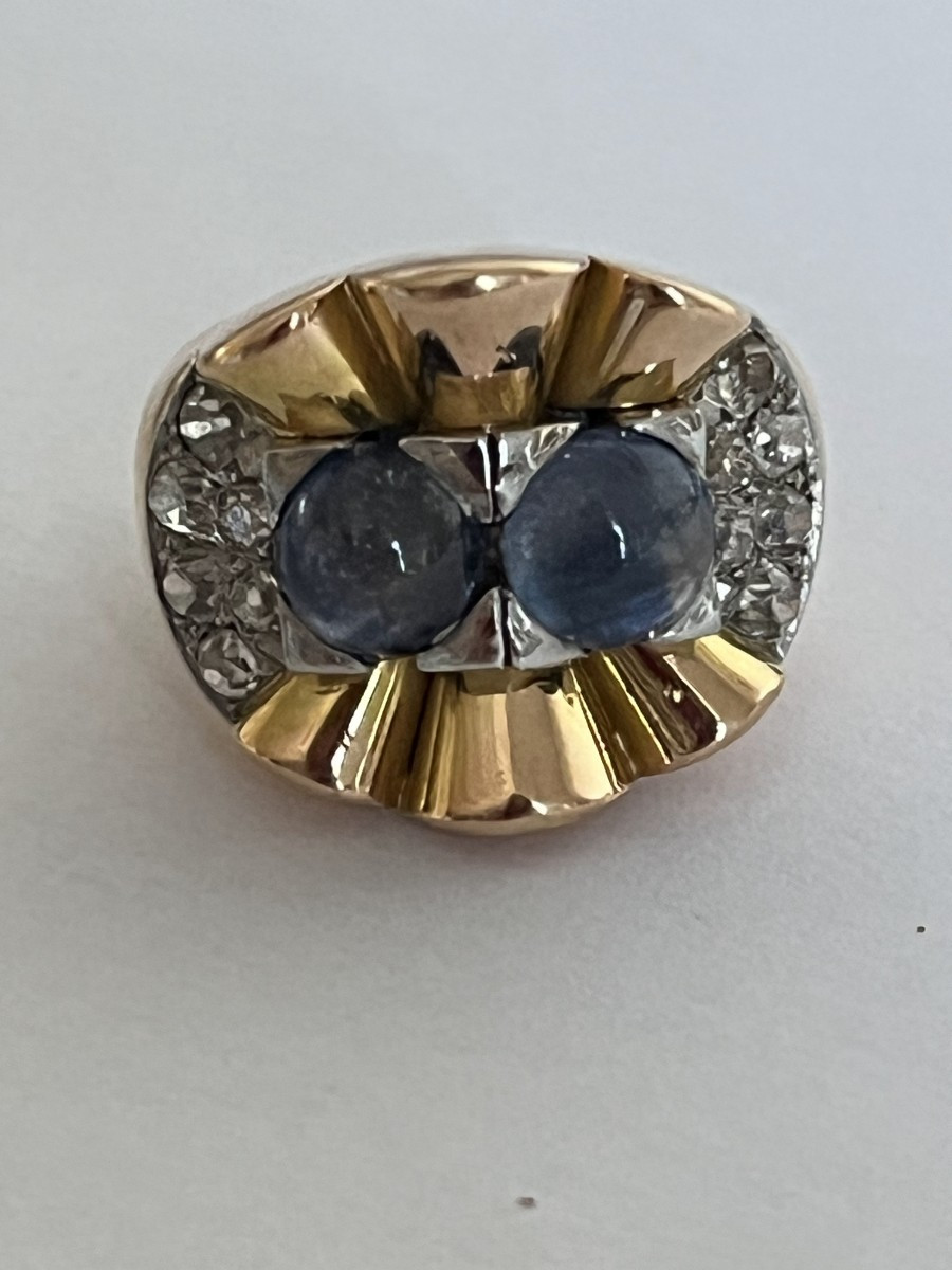 7269- Bague Tank Or Jaune Saphirs Etoilés Diamants