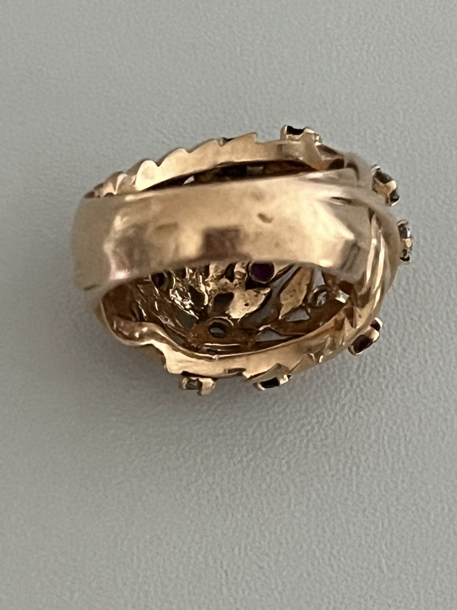 7313- Bague Boule Vintage Or Jaune Diamants et Pierres de Couleur-photo-2