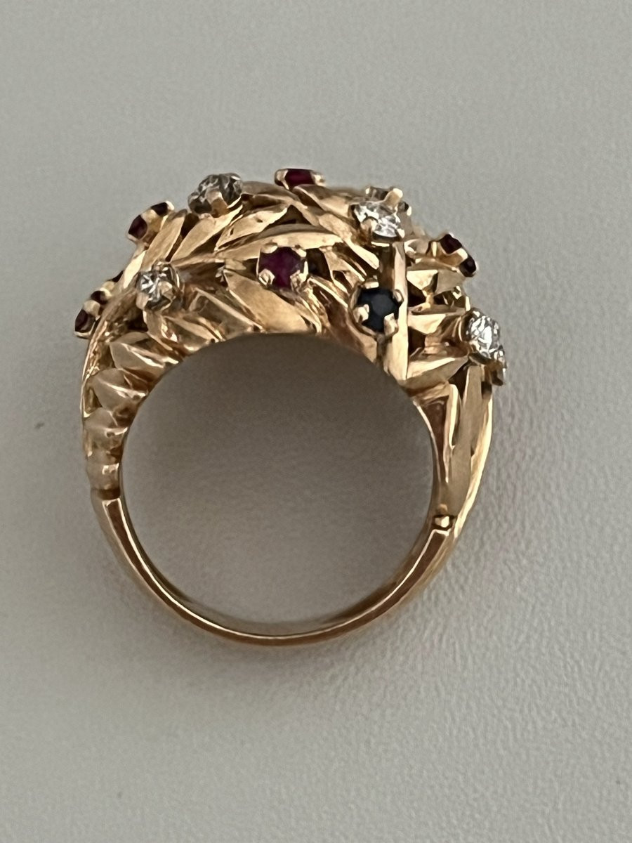 7313- Bague Boule Vintage Or Jaune Diamants et Pierres de Couleur-photo-3
