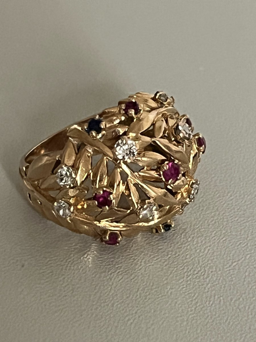 7313- Bague Boule Vintage Or Jaune Diamants et Pierres de Couleur-photo-4