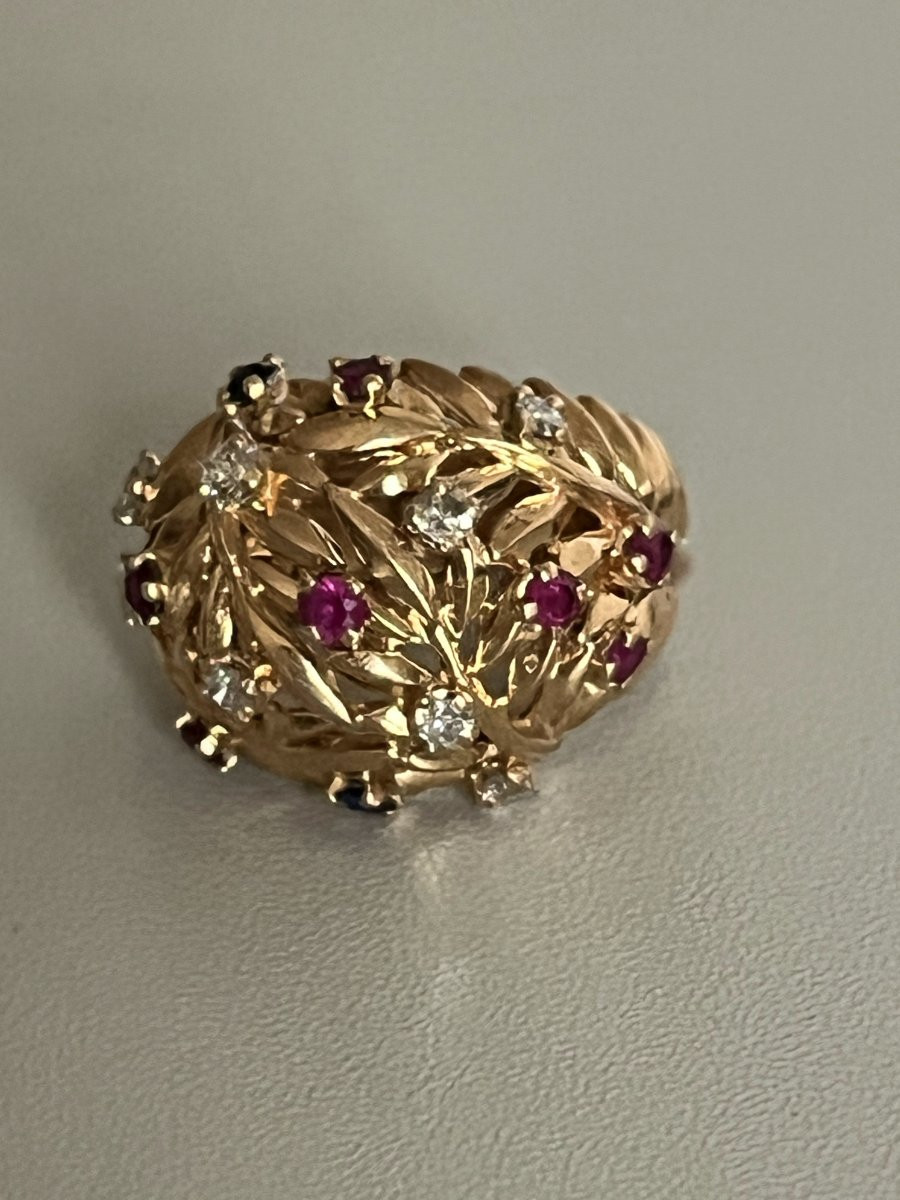 7313- Bague Boule Vintage Or Jaune Diamants et Pierres de Couleur-photo-1