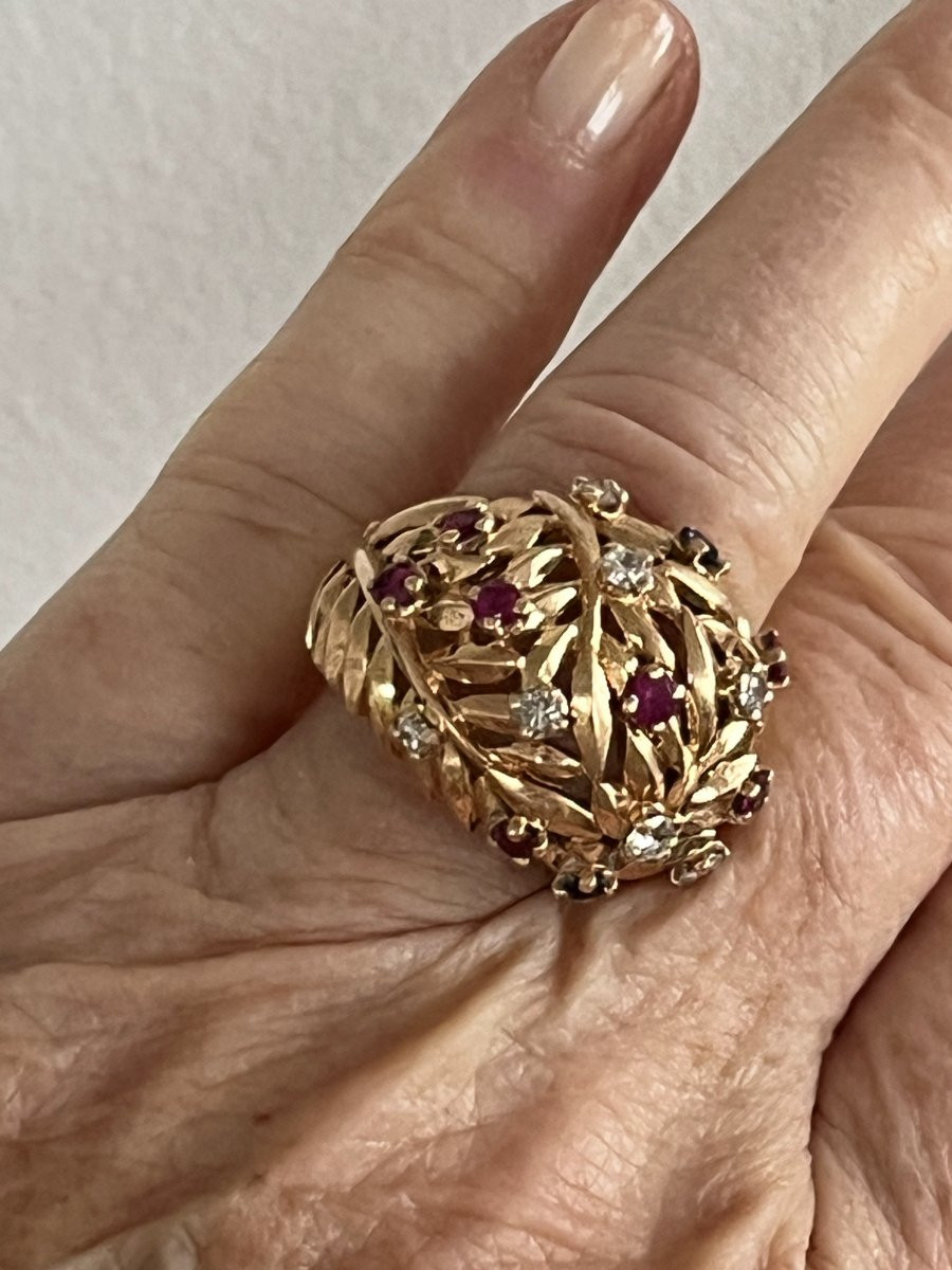 7313- Bague Boule Vintage Or Jaune Diamants et Pierres de Couleur-photo-2