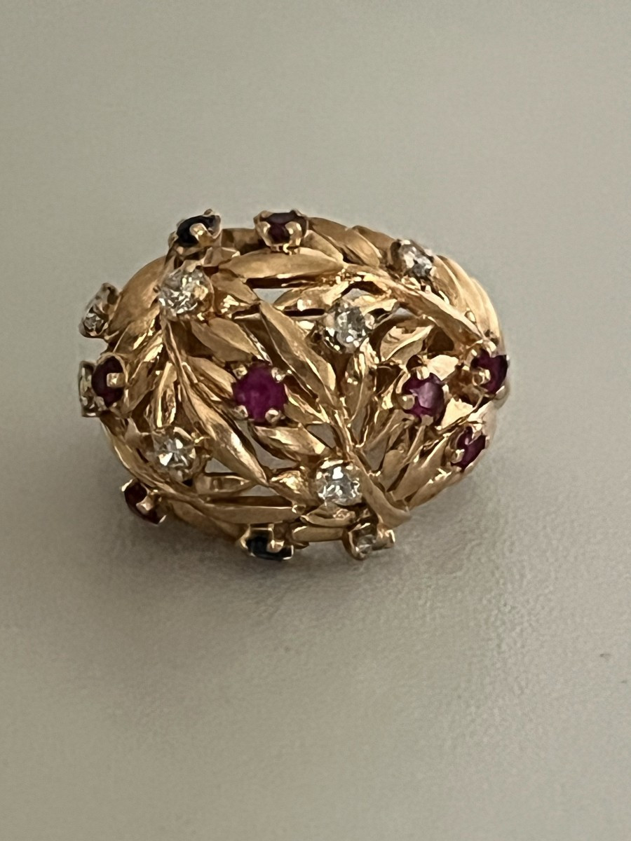 7313- Bague Boule Vintage Or Jaune Diamants et Pierres de Couleur