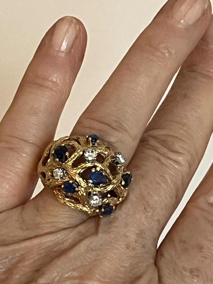 7378 - Yellow Gold Ball Ring With Diamonds And Sapphires-photo-2
