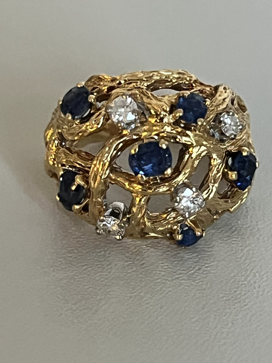 7378 - Yellow Gold Ball Ring With Diamonds And Sapphires-photo-2