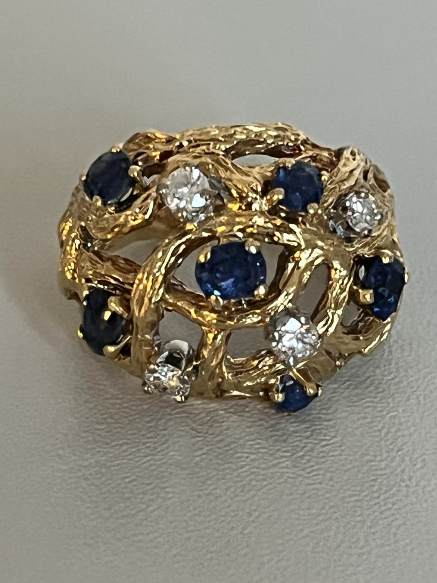 7378 - Yellow Gold Ball Ring With Diamonds And Sapphires