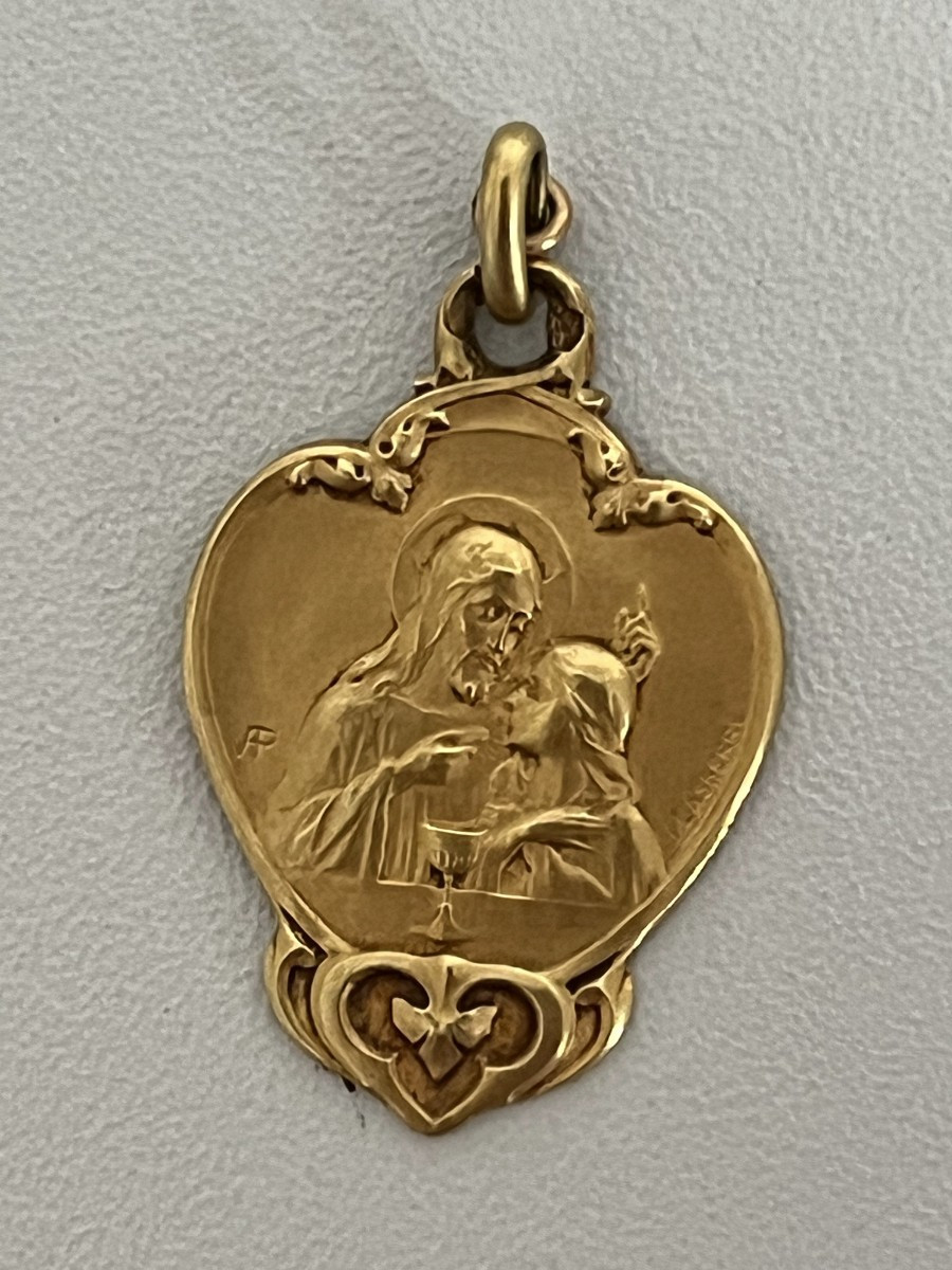 7404a - Yellow Gold Religious Medal Of Christ And The Sacred Heart