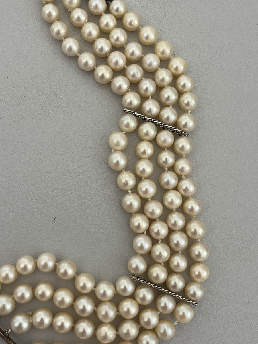 7407 - Aloya Pearl Cuff Bracelet, 4 Rows, White Gold Clasp, Diamonds-photo-4