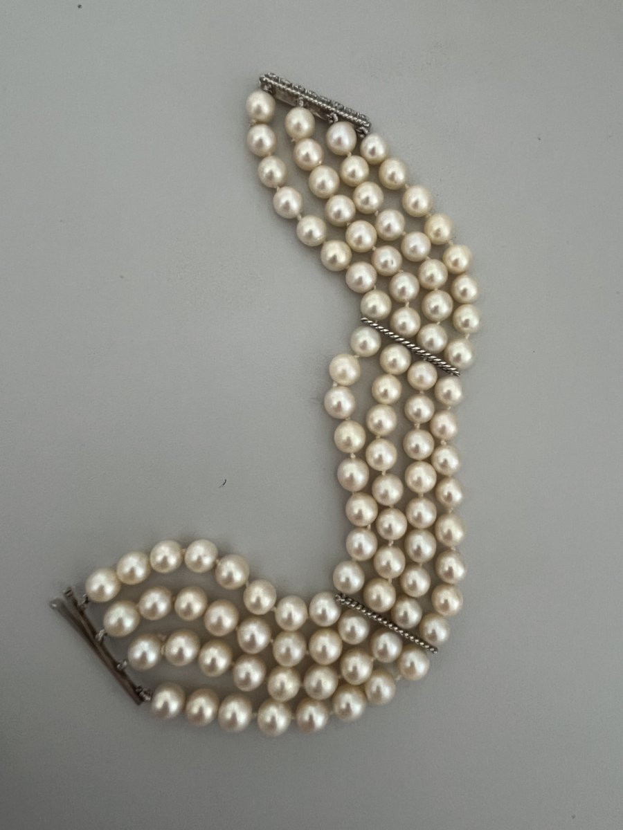 7407 - Aloya Pearl Cuff Bracelet, 4 Rows, White Gold Clasp, Diamonds-photo-1