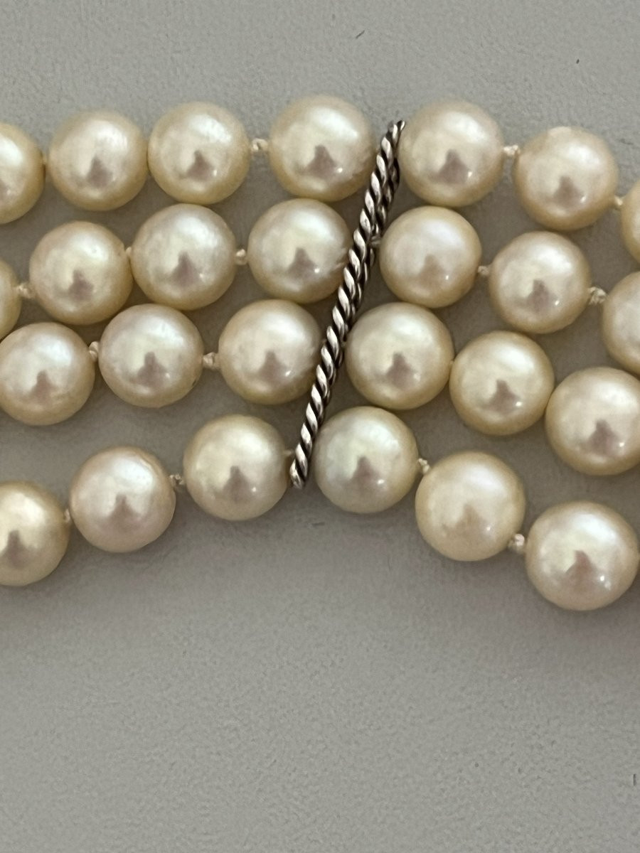 7407 - Aloya Pearl Cuff Bracelet, 4 Rows, White Gold Clasp, Diamonds-photo-2