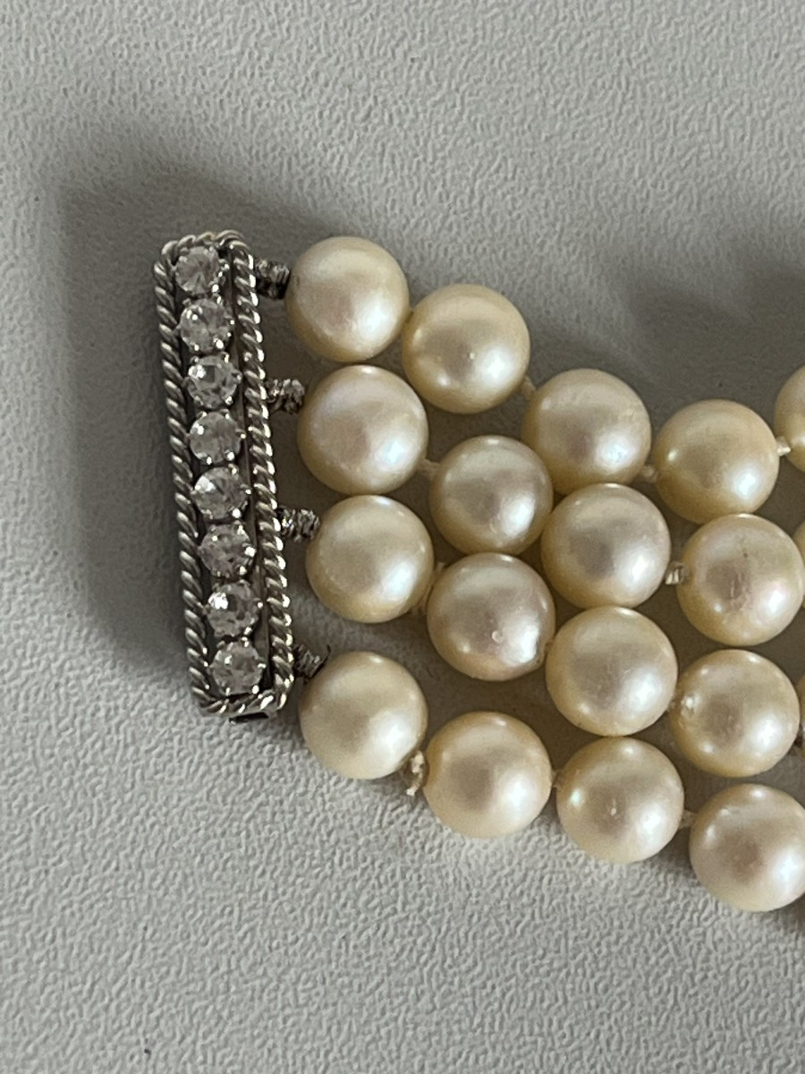 7407 - Aloya Pearl Cuff Bracelet, 4 Rows, White Gold Clasp, Diamonds