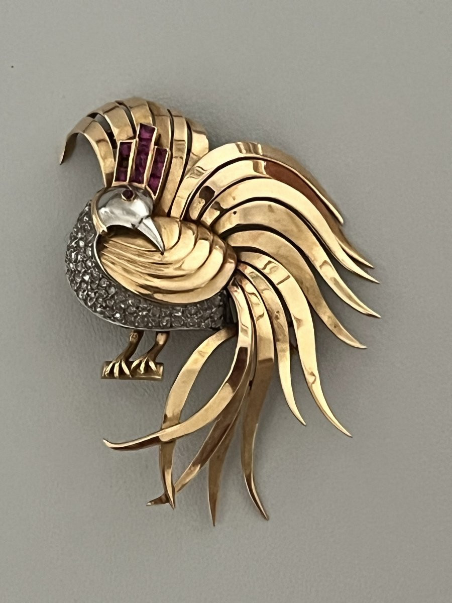 7197 - Vintage Brooch Bird Of Paradise Yellow Gold Diamonds Ruby-photo-2