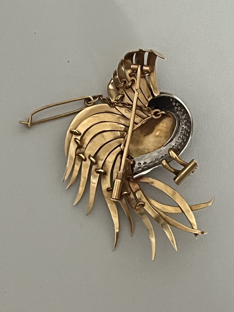 7197 - Vintage Brooch Bird Of Paradise Yellow Gold Diamonds Ruby-photo-3