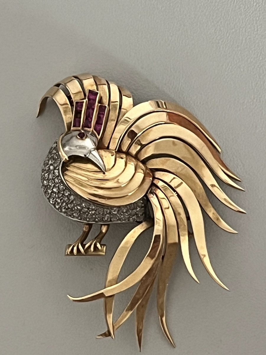 7197 - Vintage Brooch Bird Of Paradise Yellow Gold Diamonds Ruby-photo-4