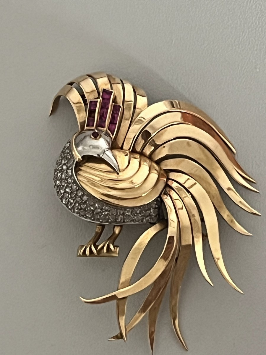 7197 - Vintage Brooch Bird Of Paradise Yellow Gold Diamonds Ruby