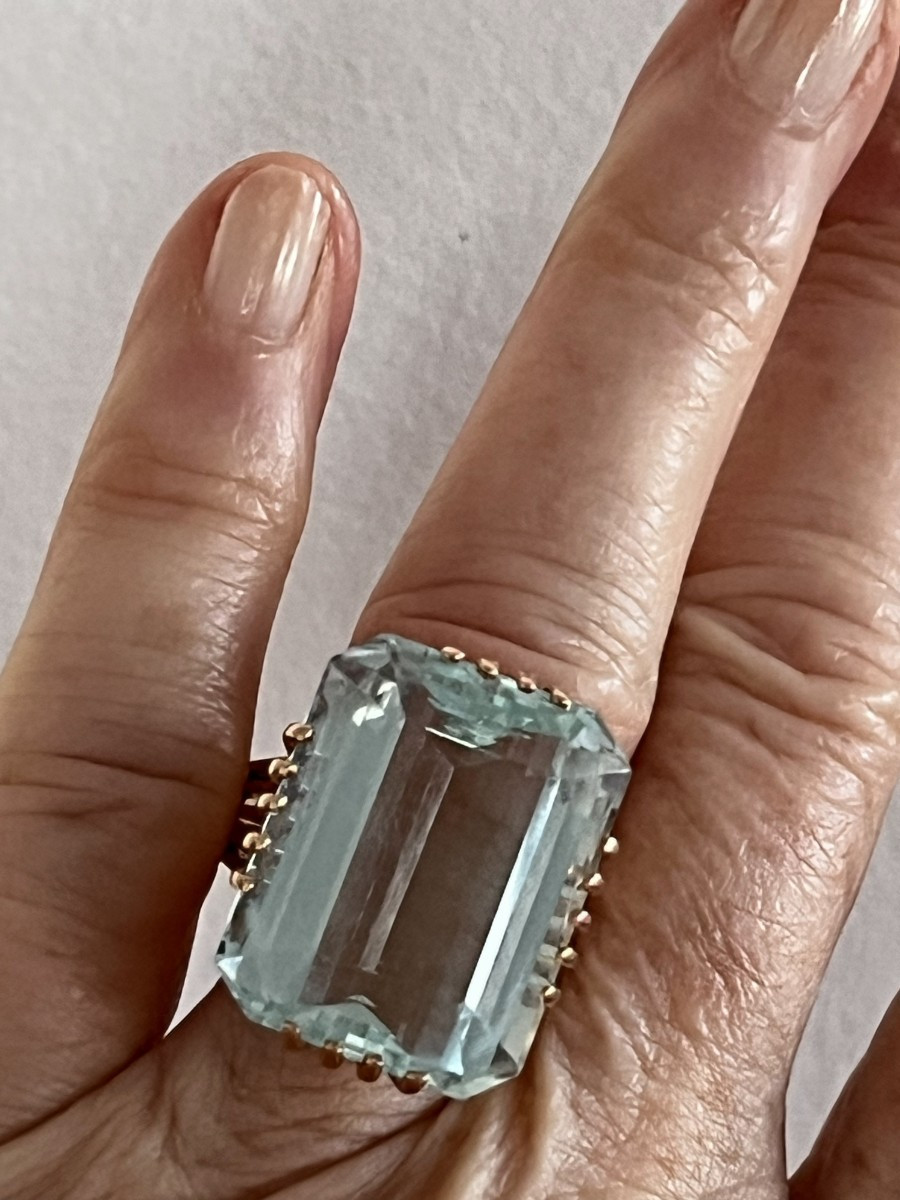 7339 - Importange Bague Vintage Or Jaune Aigue-Marine 25,00 ct-photo-1