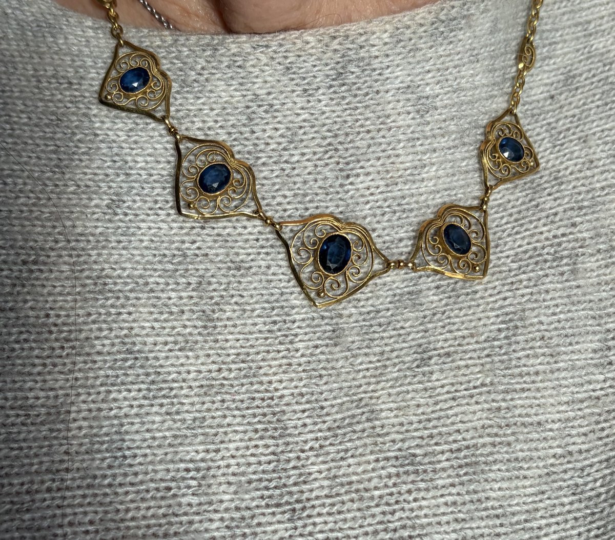 7345 - Collier Draperie Ancien Or Jaune Pierres Bleues-photo-2