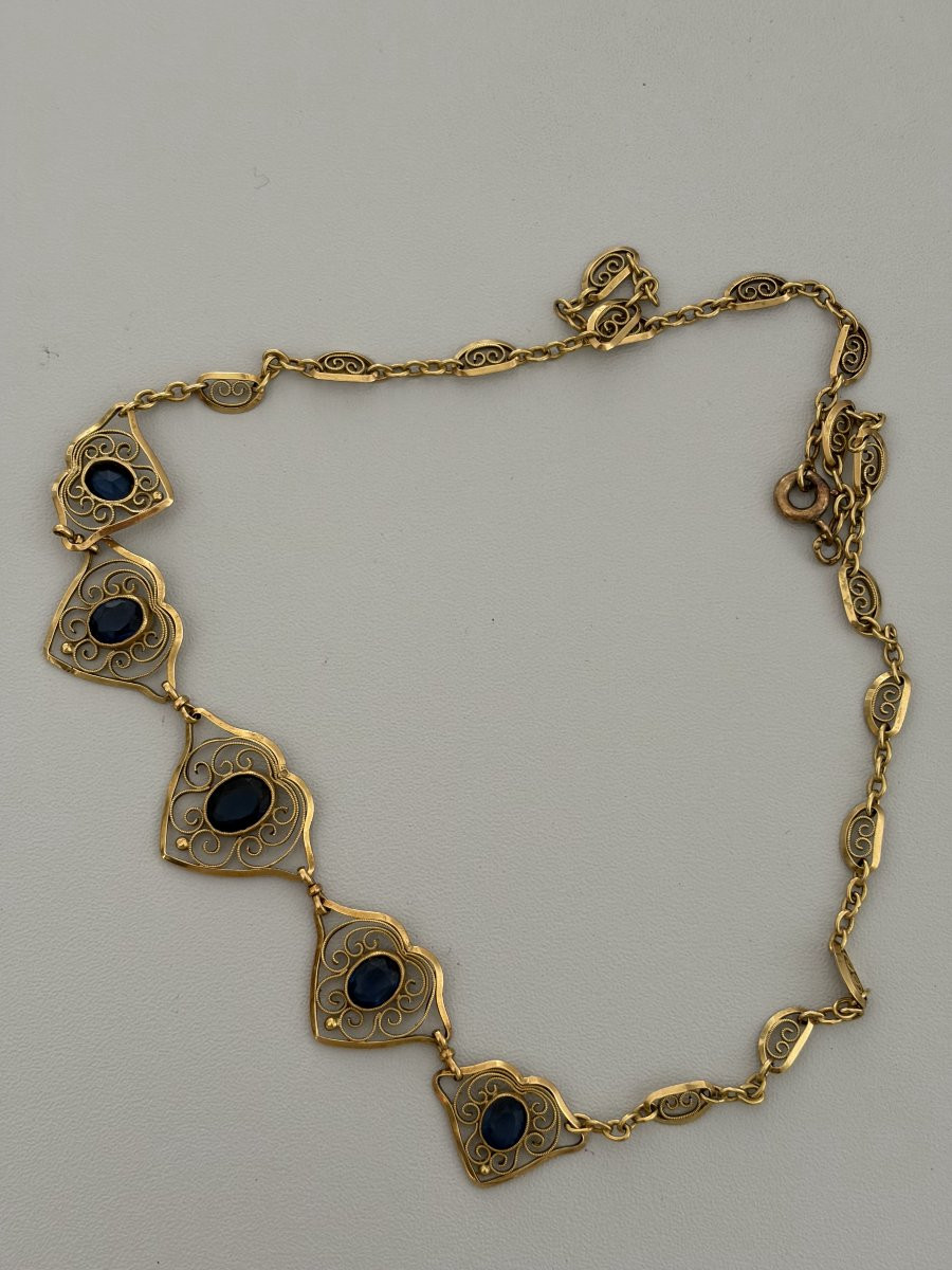 7345 - Collier Draperie Ancien Or Jaune Pierres Bleues-photo-3