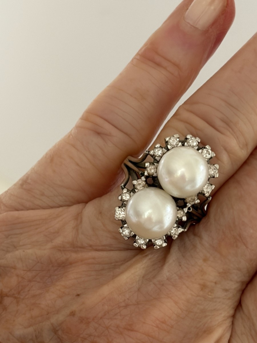 7352 - Bague Vintage Or Gris Perles Akoya Diamants-photo-1