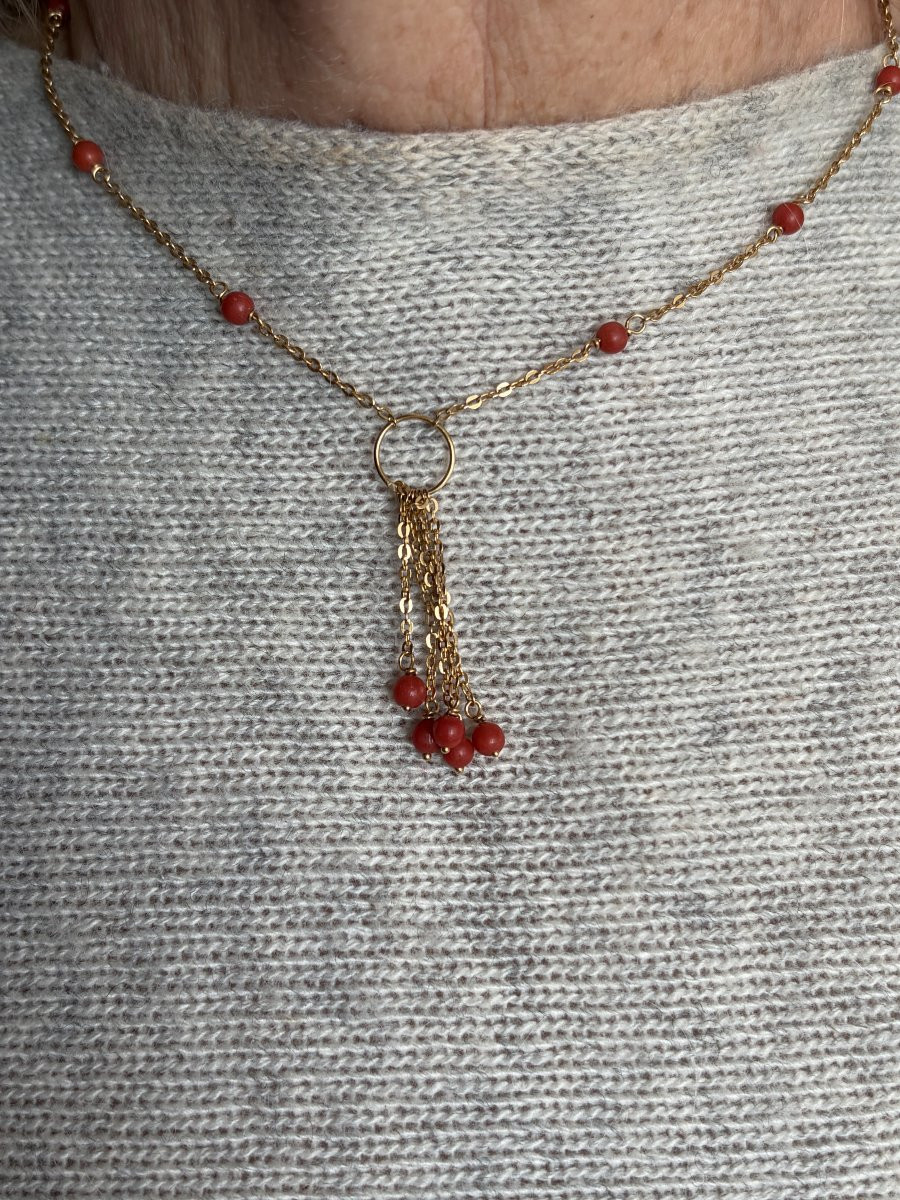7353 - Yellow Gold Coral Tassel Necklace-photo-2