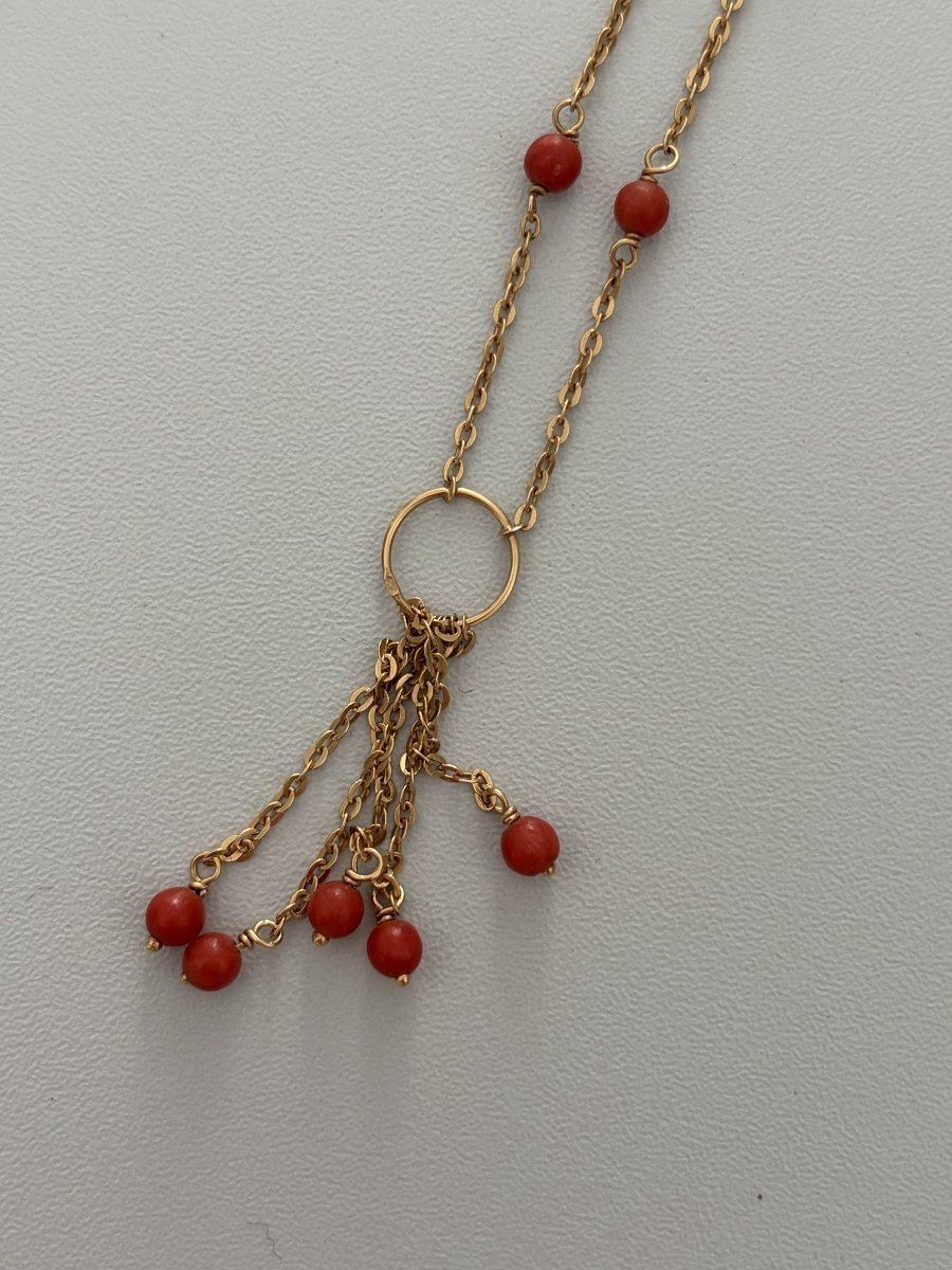 7353 - Yellow Gold Coral Tassel Necklace-photo-4