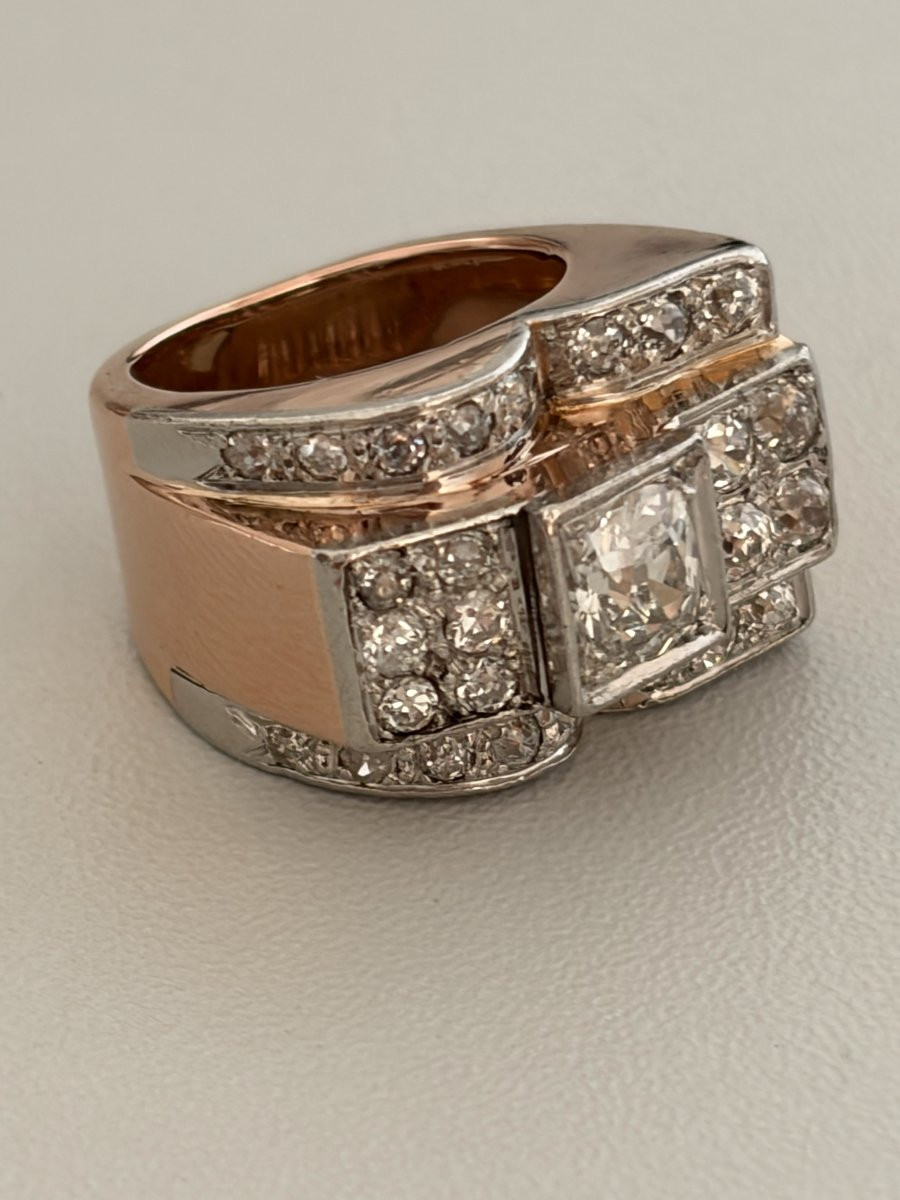 7385 - Ring Tank Yellow Gold Platinum Diamonds (0.70 Ct In The Center)-photo-1