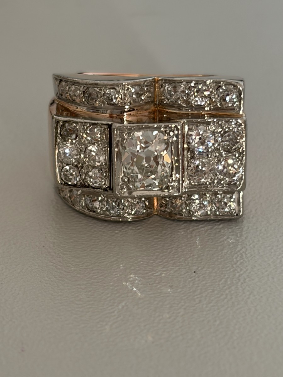 7385 - Ring Tank Yellow Gold Platinum Diamonds (0.70 Ct In The Center)