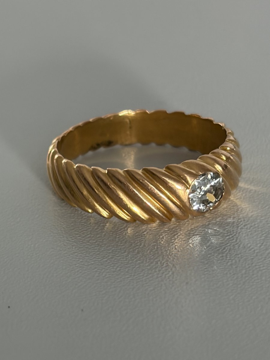 7386 - Vintage Ring Yellow Gold Godronné Diamond 0.70 Ct-photo-4