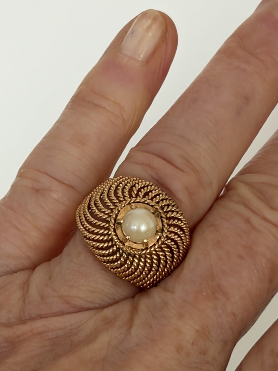 7389 - Bague Dôme Or Jaune Tressé Perle Akoya-photo-2