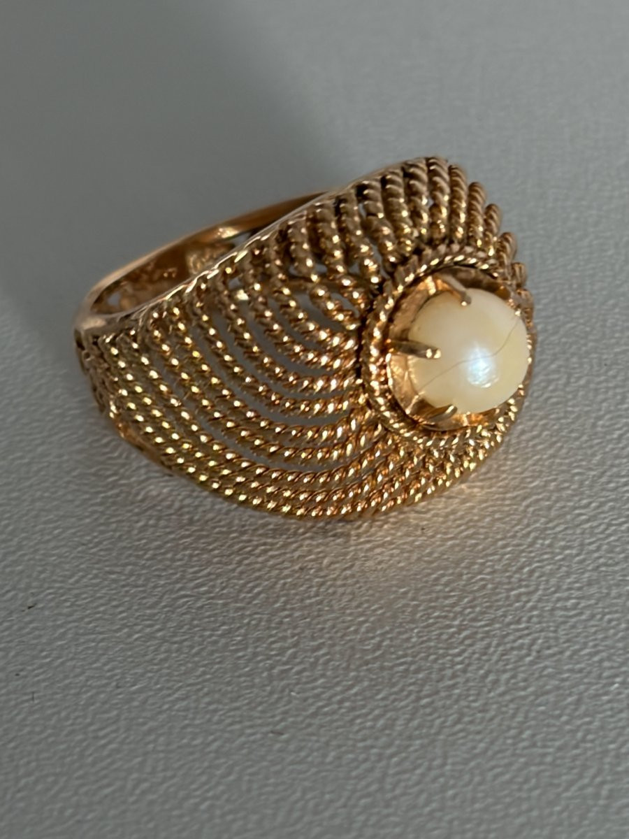 7389 - Bague Dôme Or Jaune Tressé Perle Akoya-photo-4