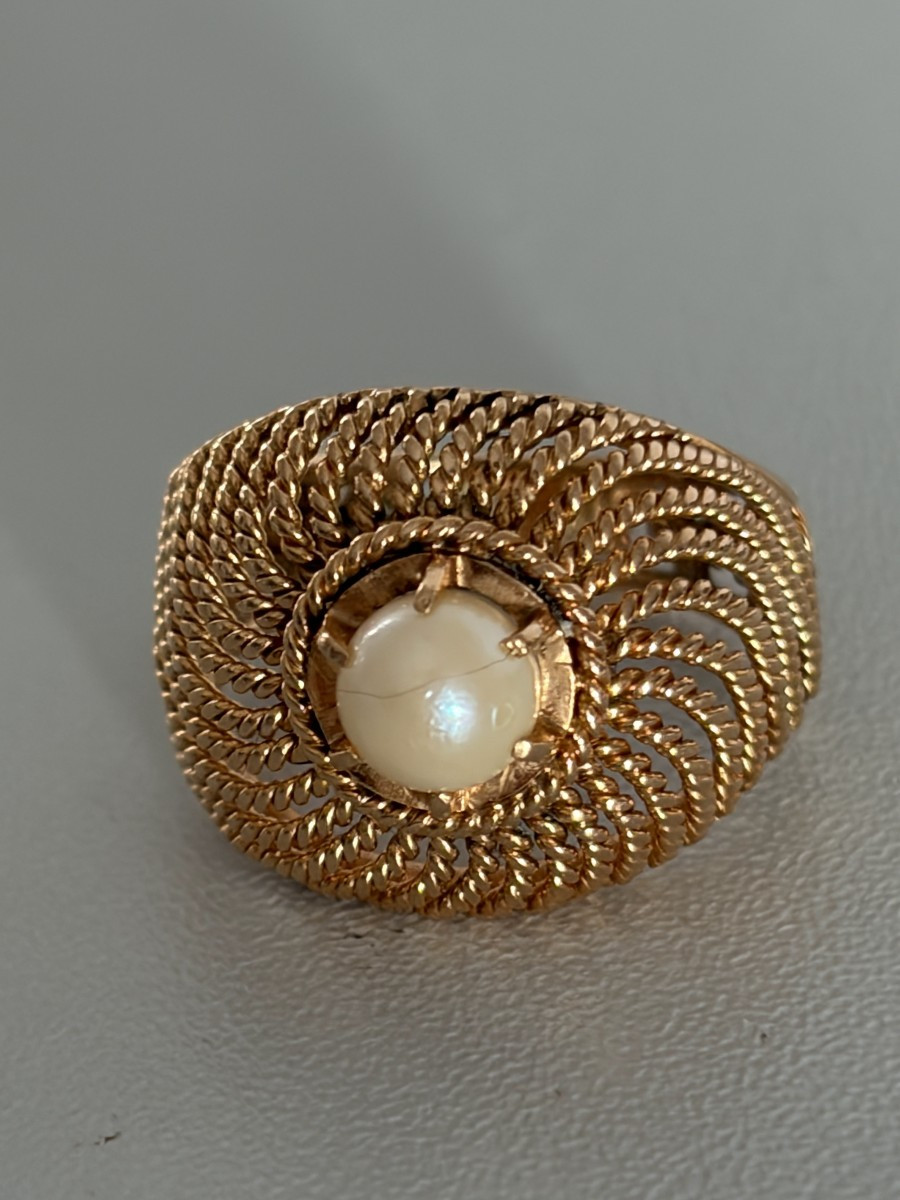 7389 - Bague Dôme Or Jaune Tressé Perle Akoya